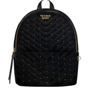 Victoria's Secret Black Velvet Studded Mini Back Pack Gold Accents Chevron‎